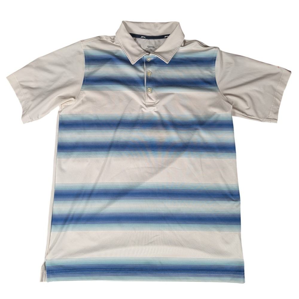 Slazenger Mens Golf Polo Shirt White‎ Blue Teal Striped Performance Short Sleeve